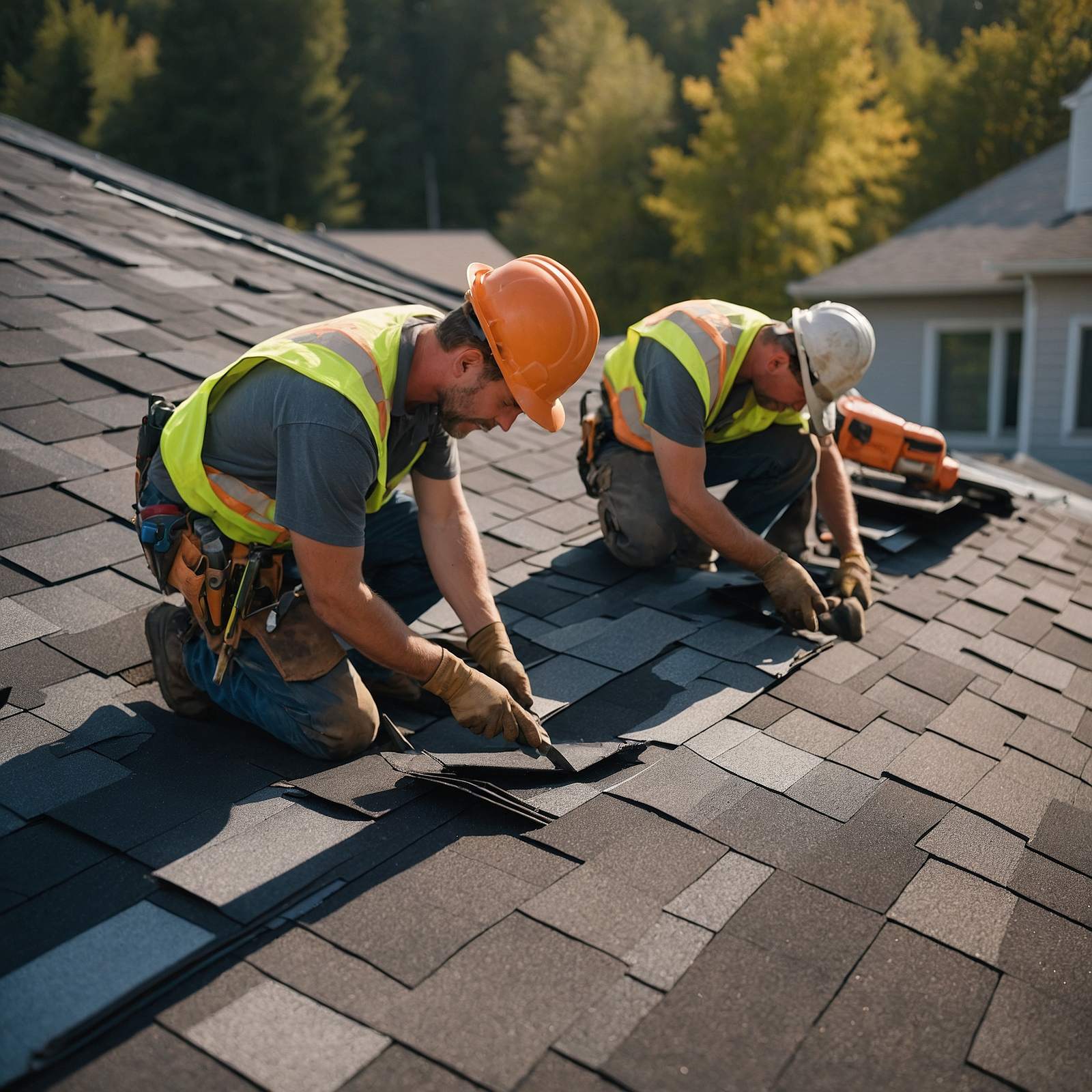 Experienced roofing team working safely on residential roof with proper equipment and coordination