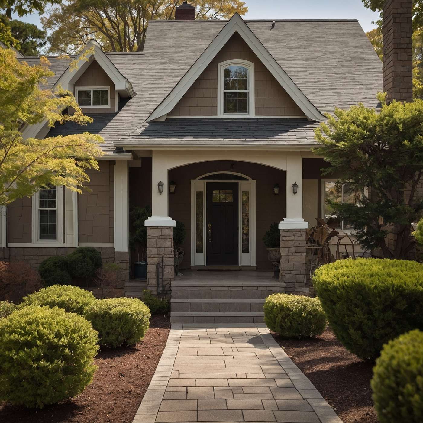 Residential home exterior with detailed roofline and new materials